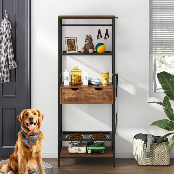 Golden retriever beside the dog feeding station with storage shelves holding food and supplies