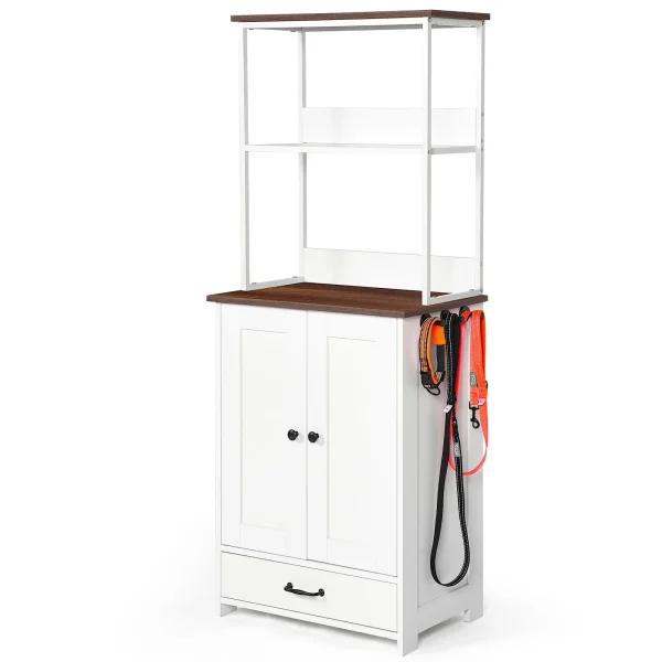 dog feeder cabinet front view in dark brown and white