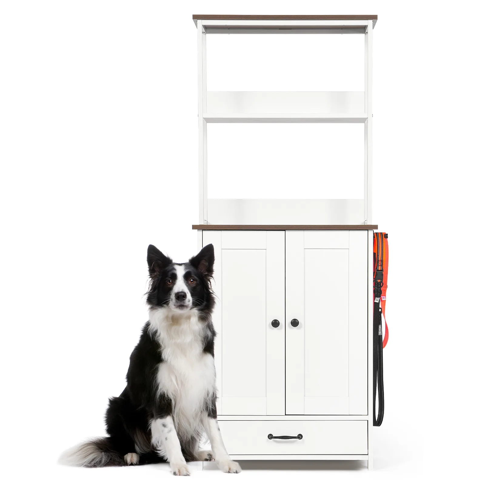 dog feeder cabinet with leash and collar hung on the side hooks