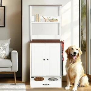 dog feeder cabinet with a golden retriever waiting beside the bowl drawer