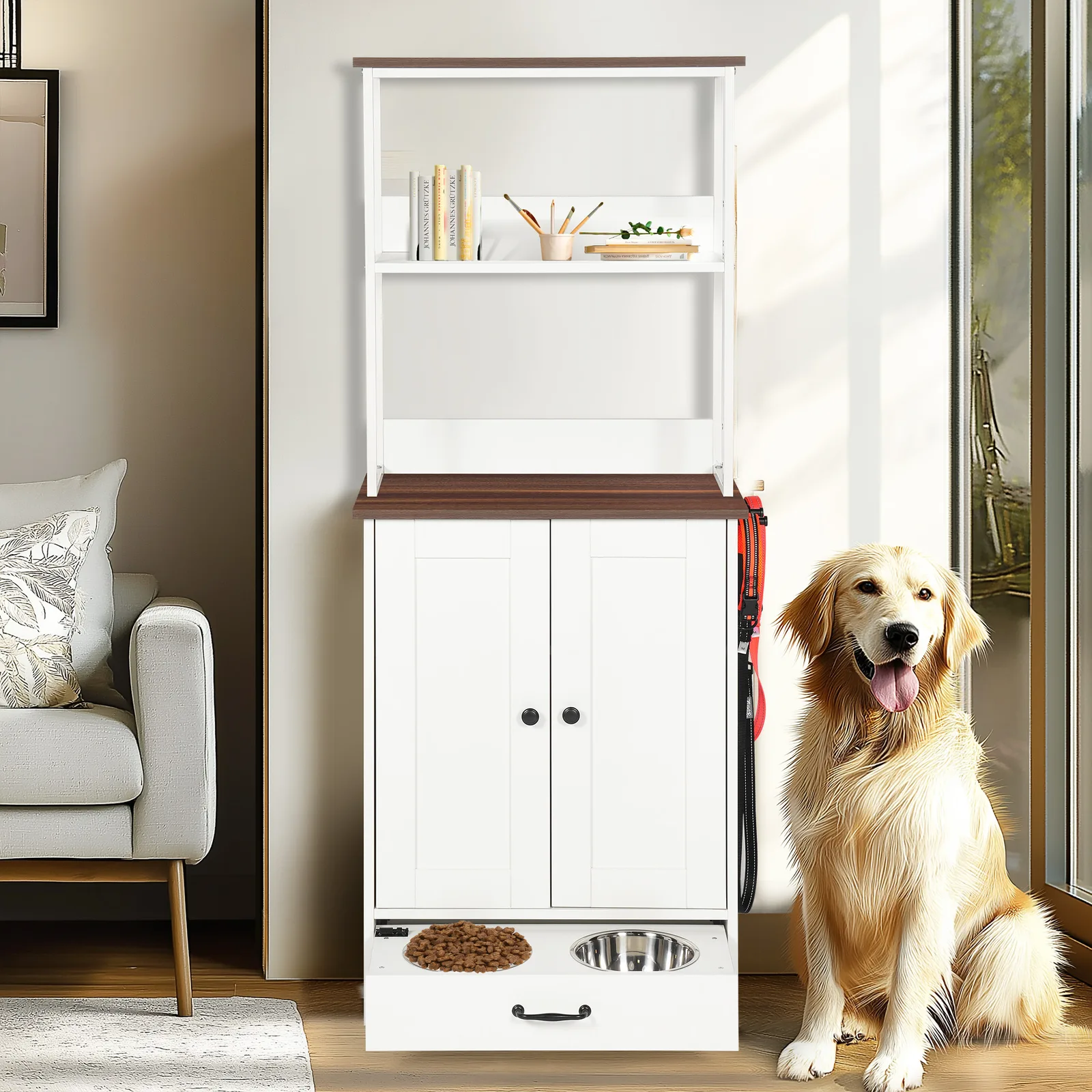 dog feeder cabinet with a golden retriever waiting beside the bowl drawer