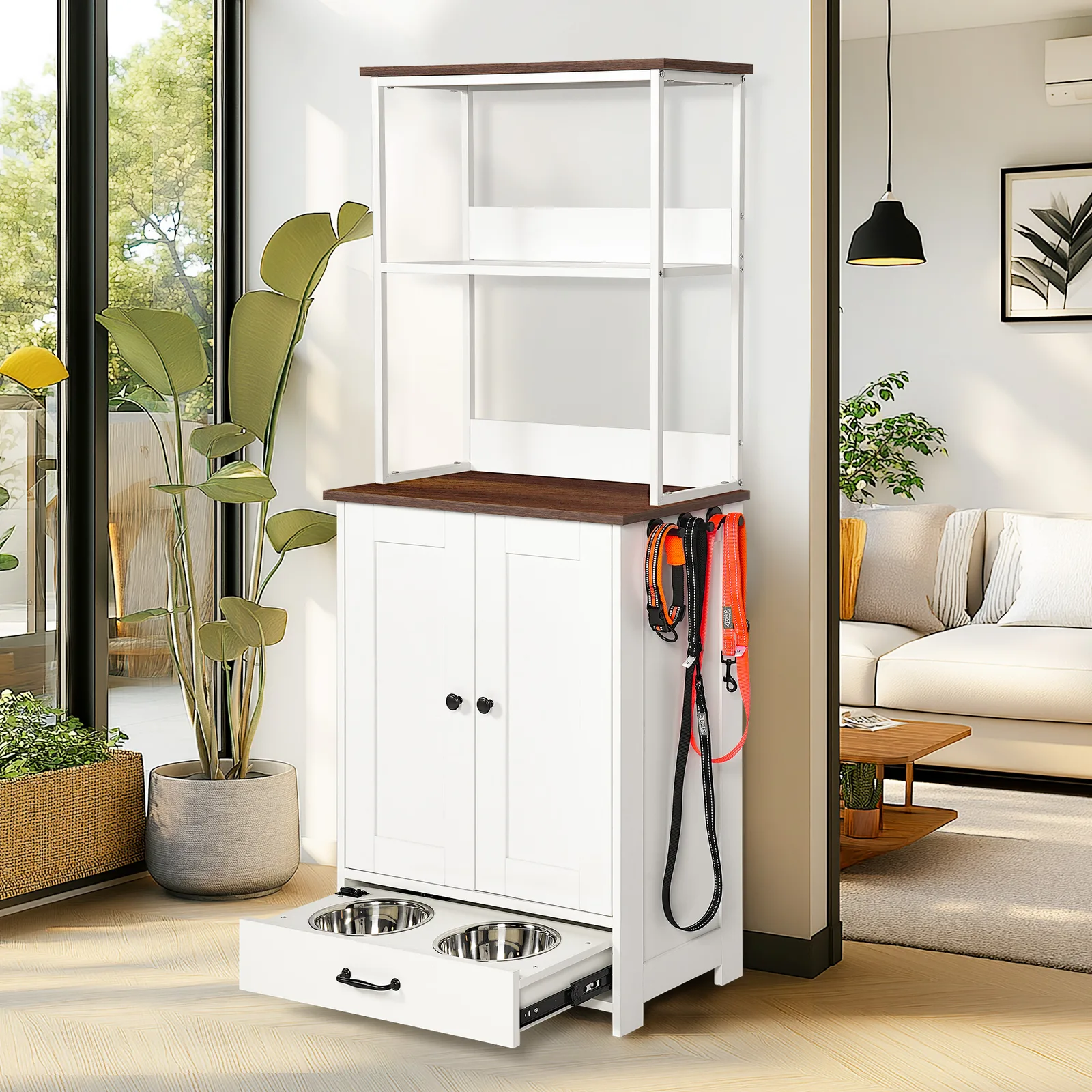 a bright living room setup with leashes hanging on the side hooks