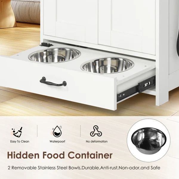 pull-out bowl drawer of the dog feeder cabinet with two steel bowls