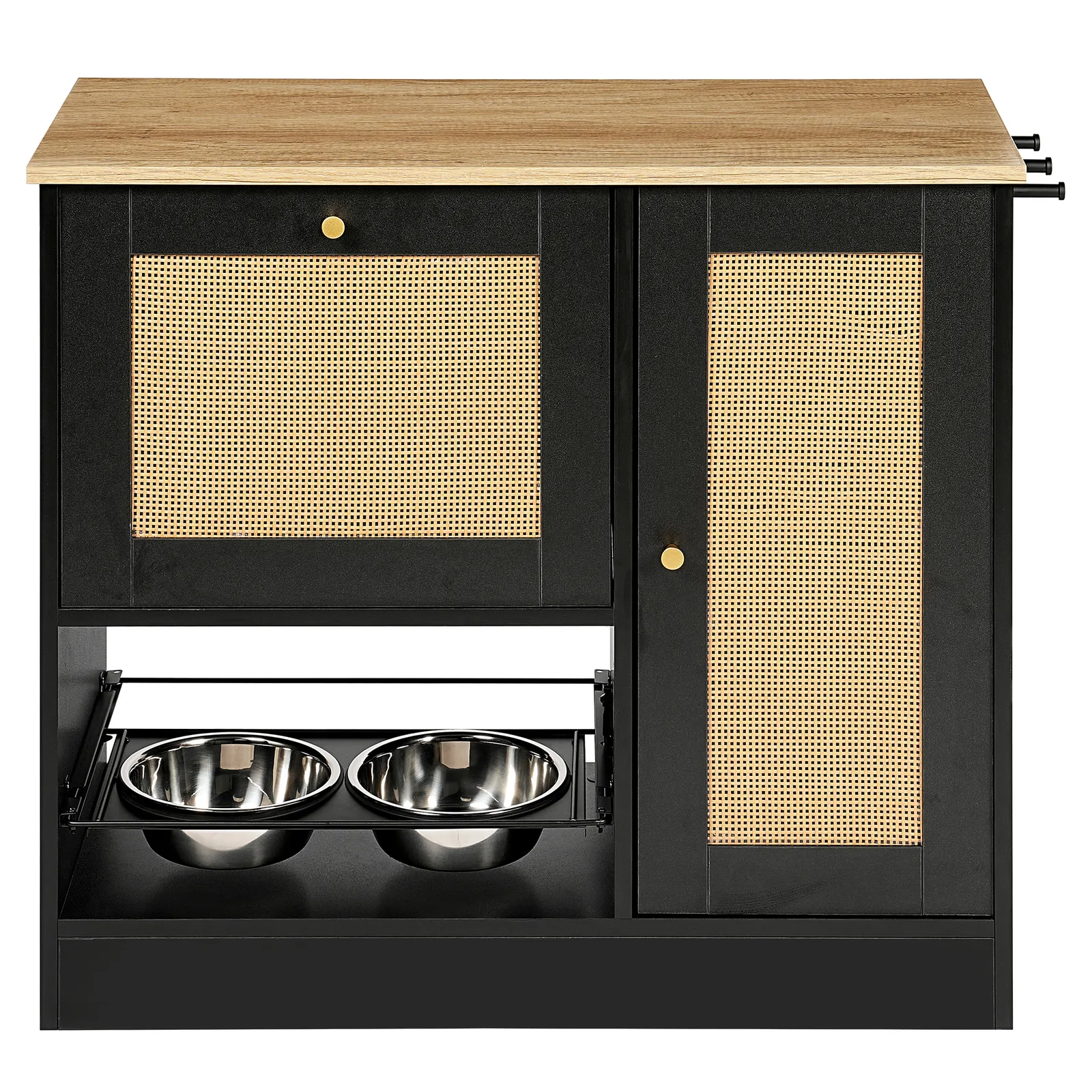 dog food cabinet in black and vintage, front view