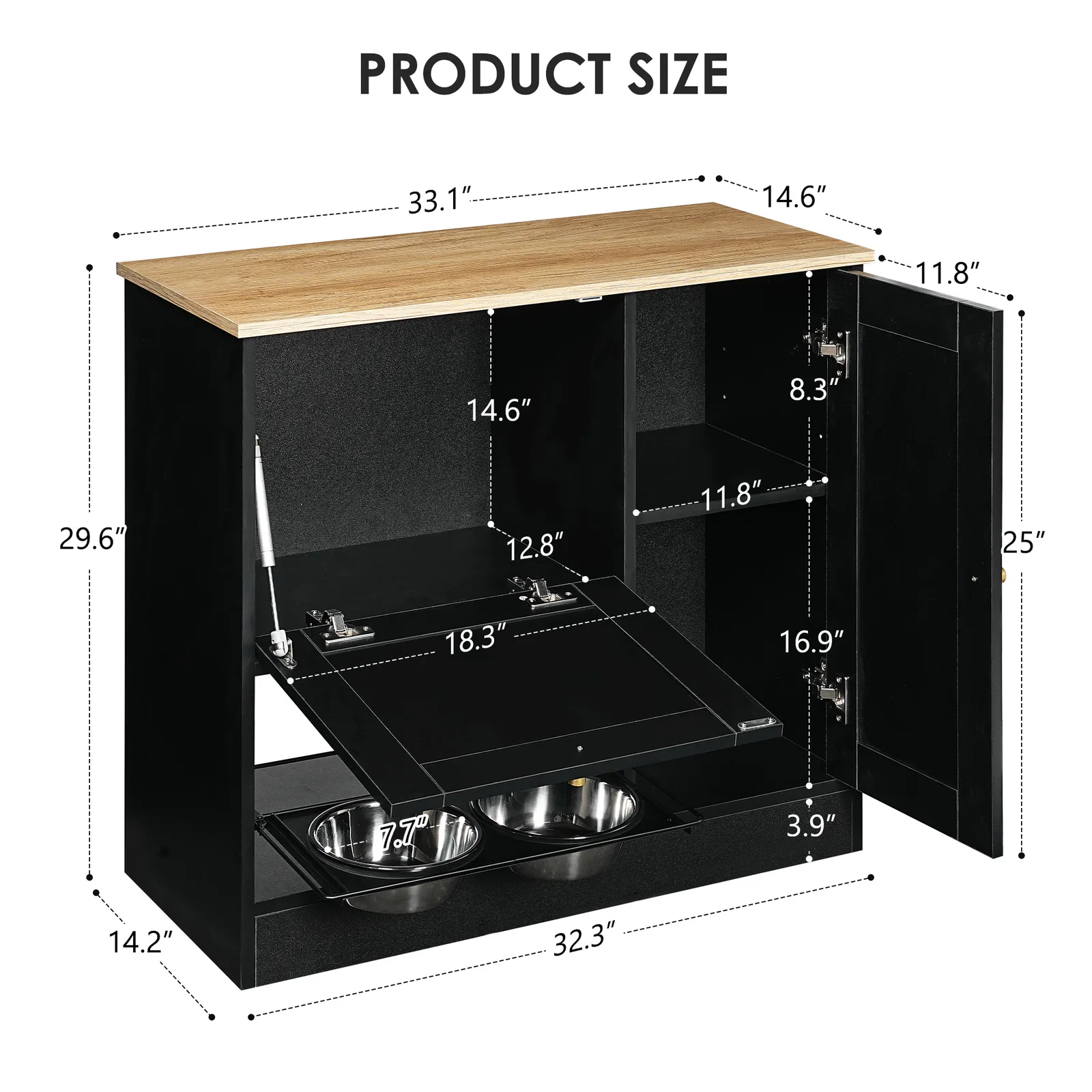 dimensions diagram of the dog food cabinet in inches