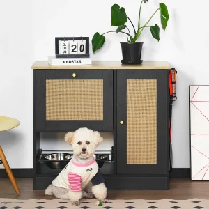 dog food cabinet with a small dog sitting in front