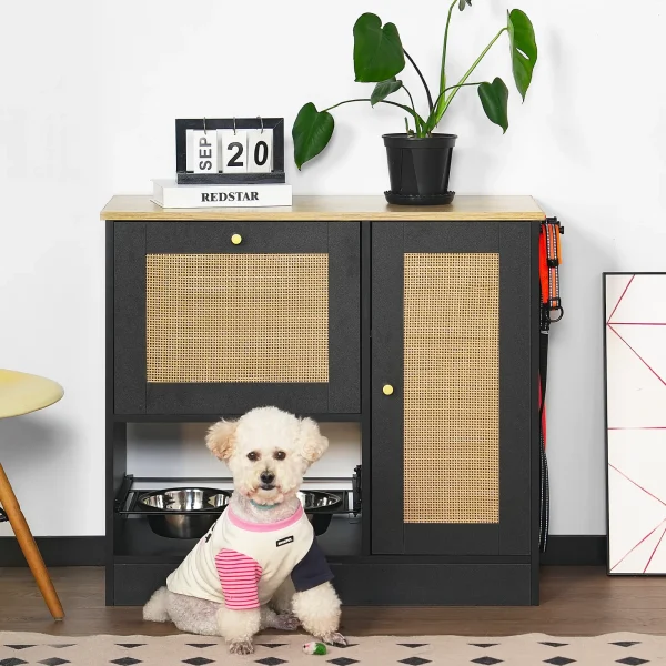 dog food cabinet with a small dog sitting in front