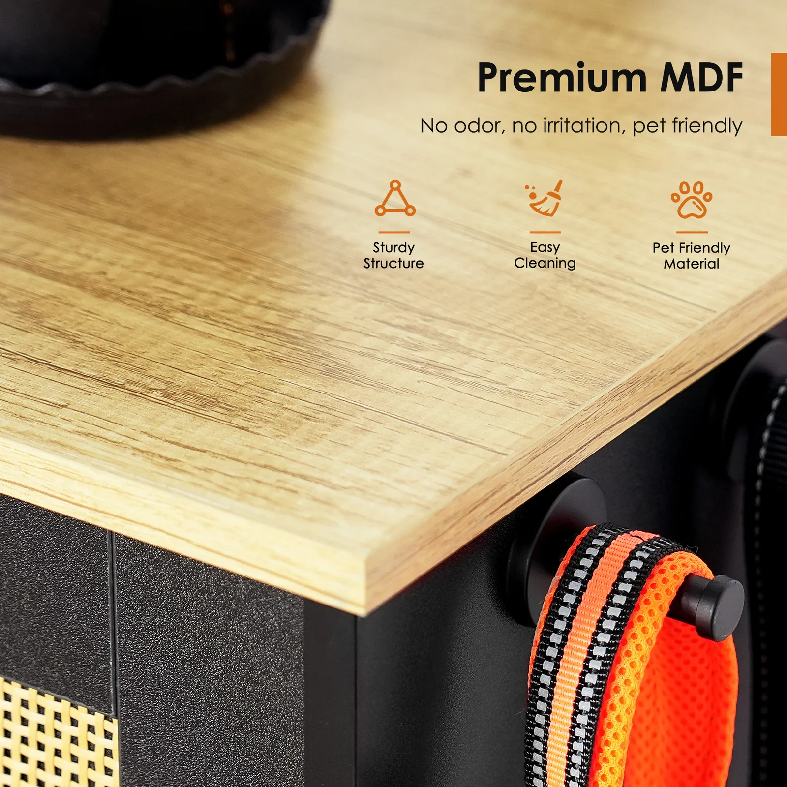 premium MDF top surface detail of the dog food cabinet