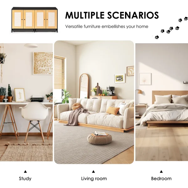 double litter cabinet shown in a study, living room, and bedroom setting