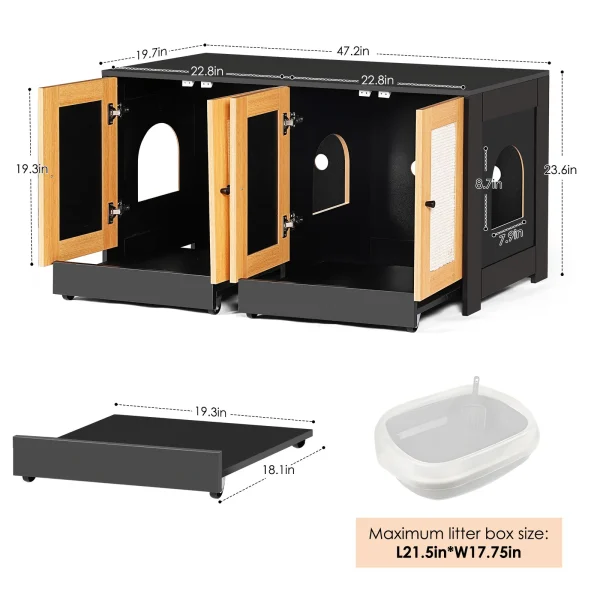 dimensions diagram of the double litter cabinet in inches with litter box size noted