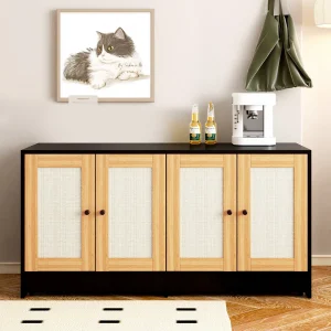 double litter cabinet in black and light oak styled as a TV console in a living room