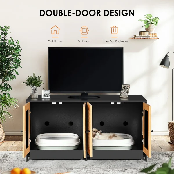 double doors open, showing two litter pans inside