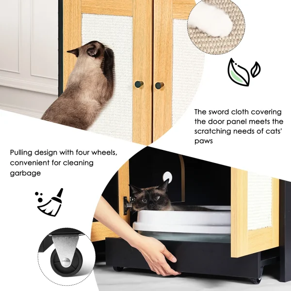 close-up details: rolling tray wheels and rattan door panels
