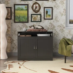 dual entry cat litter box cabinet in dark brown with a cat sleeping on the cushion top