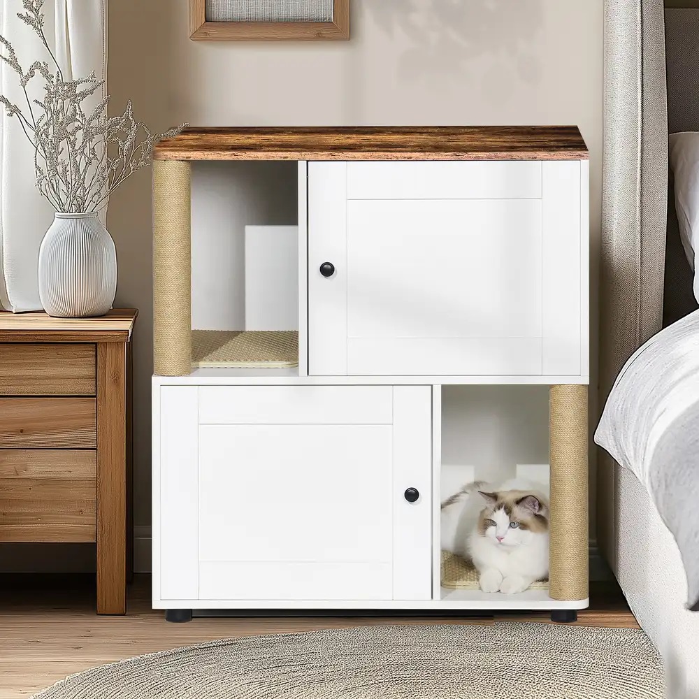 white vintage cat litter box enclosure styled as a farmhouse sideboard