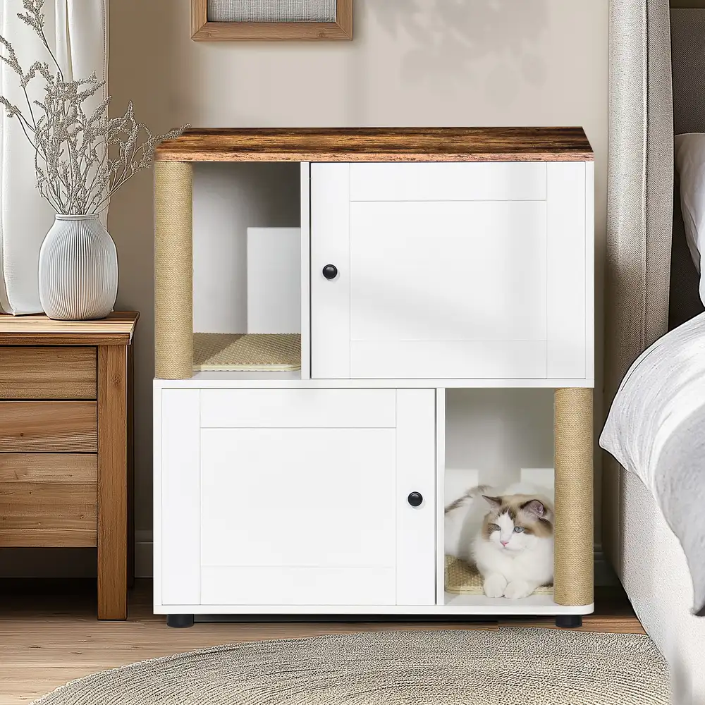White vintage enclosure with a pet resting in the lower compartment