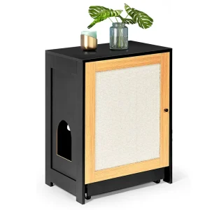 Front view of cat litter box enclosure with natural sisal door panel and black frame