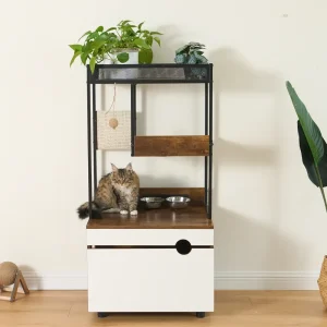 cat tree storage cabinet with a fluffy cat resting on the wood top