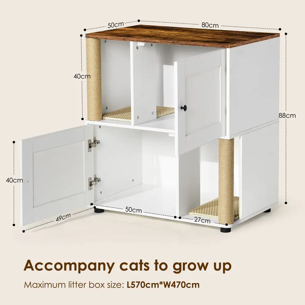 Dimensions diagram of the double cat litter box enclosure with both doors open and measurements marked