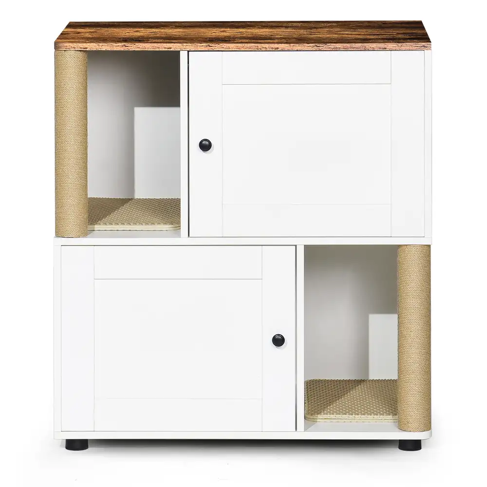 Front view of the white vintage enclosure with two open levels and sisal posts