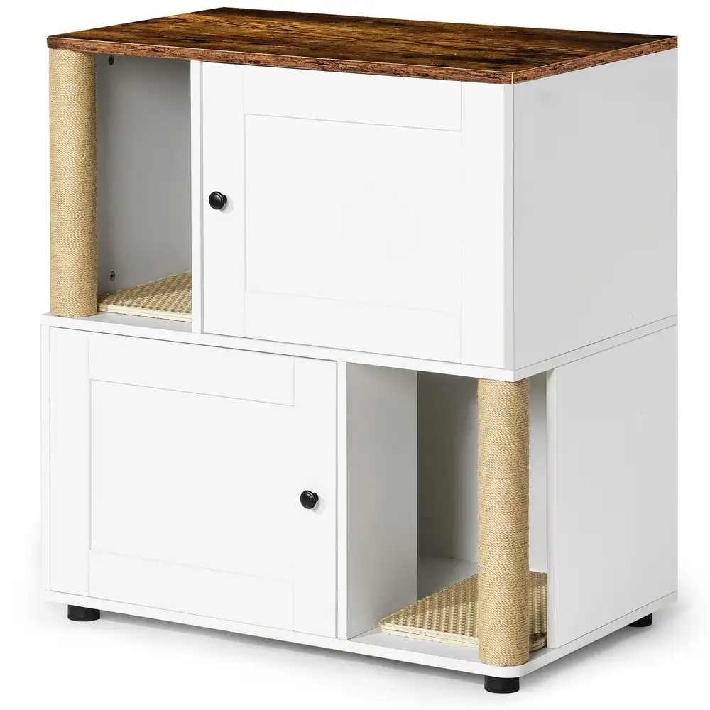 Angled front view of the white vintage cabinet with wood top and sisal posts