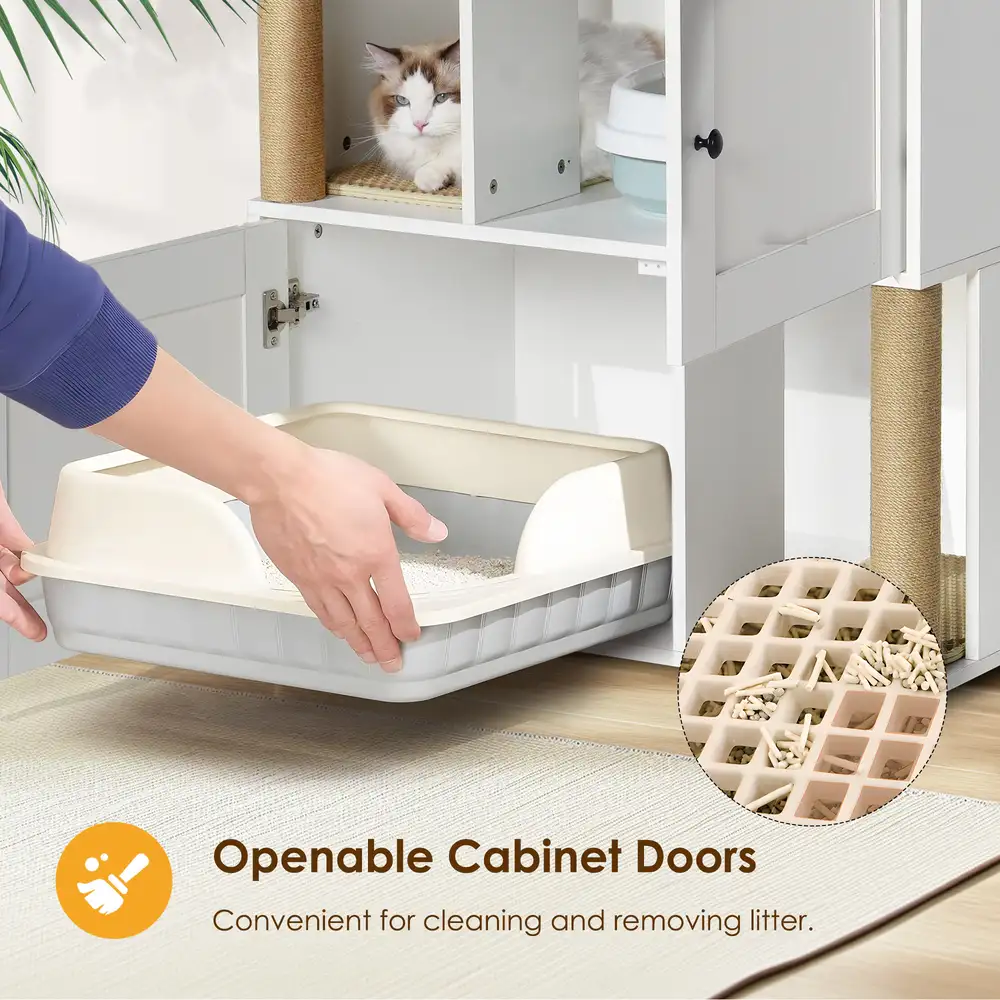 Sliding a pan out of the lower level of the double cat litter box enclosure