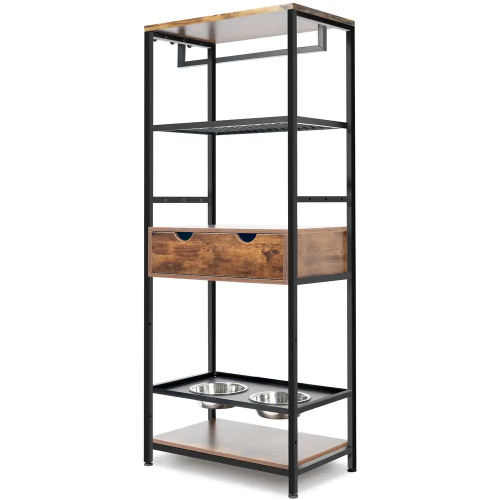 Black and vintage wood feeding station with hooks and raised bowls for medium dogs