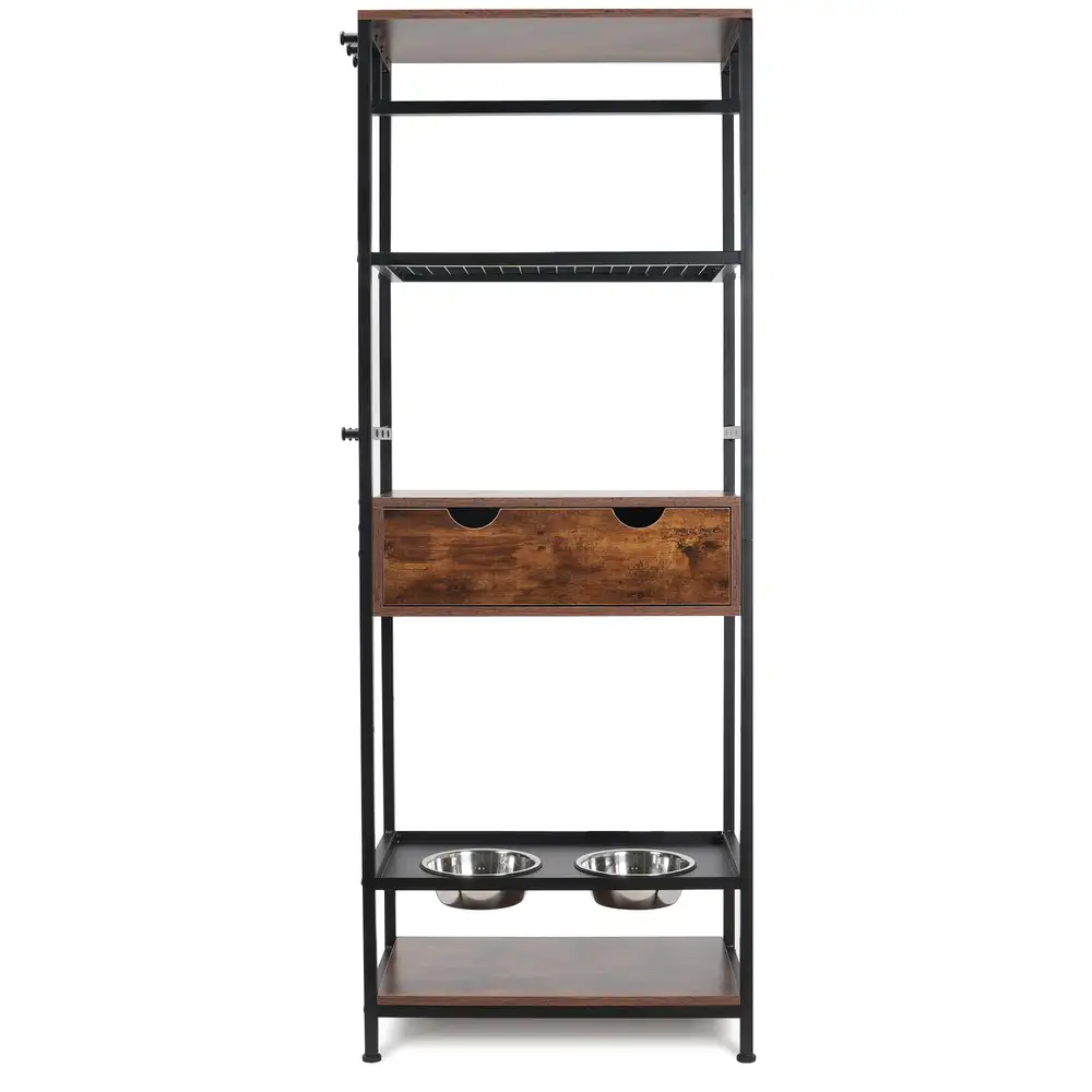 Tall dog feeding station with storage shelves, drawer, and two raised stainless steel bowls
