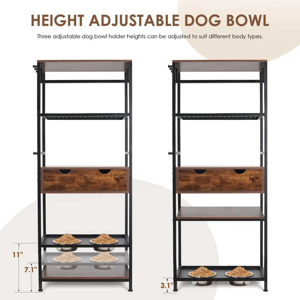Adjustable dog feeding station showing three raised bowl heights at 3.1, 7.1, and 11 inches