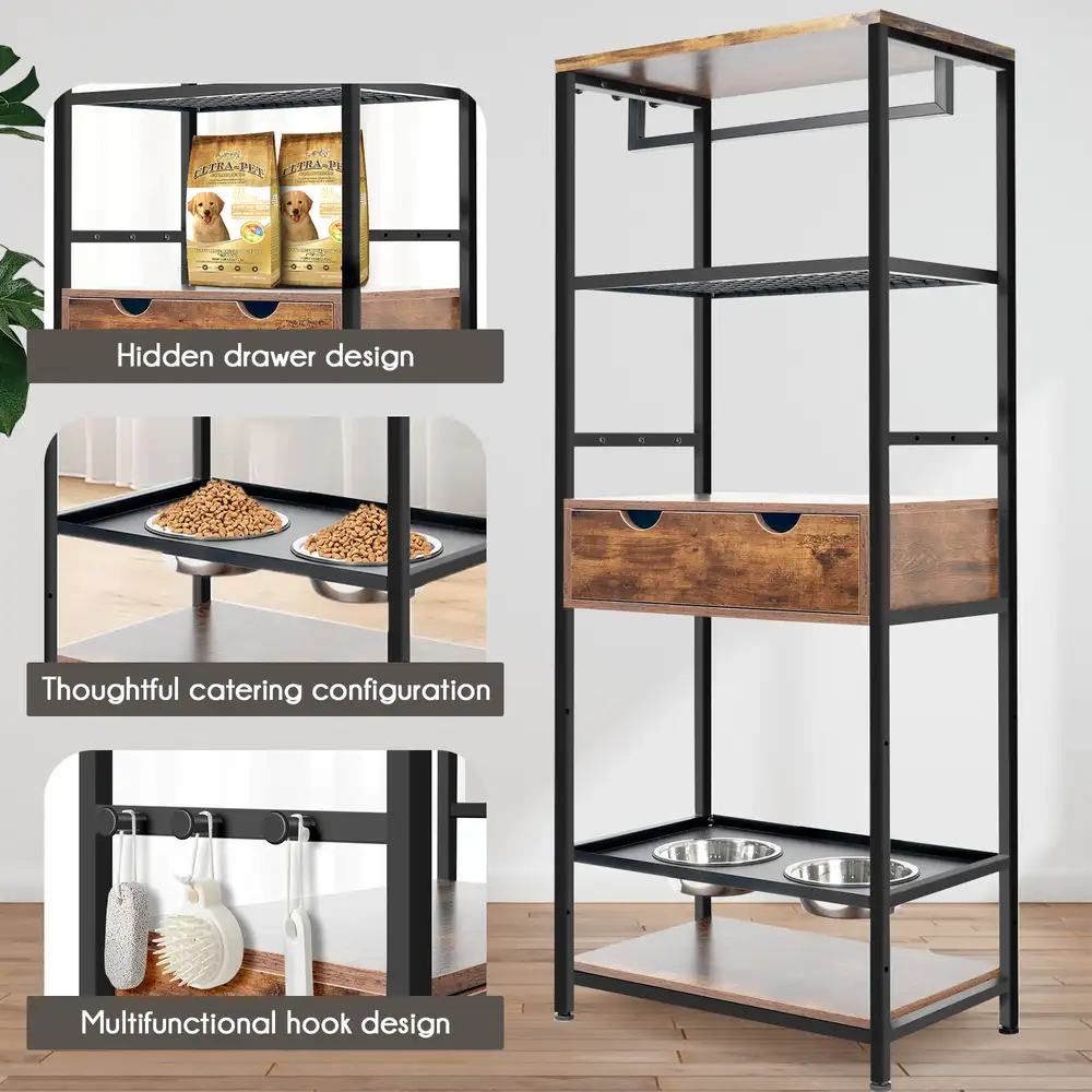 Feature collage of the cabinet highlighting drawer, raised bowls, and side hooks