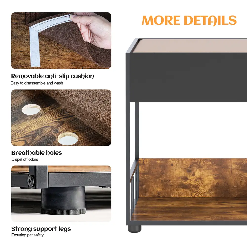 Detail collage shows the removable cushion, breathable holes, and support legs of the multi-level step platform