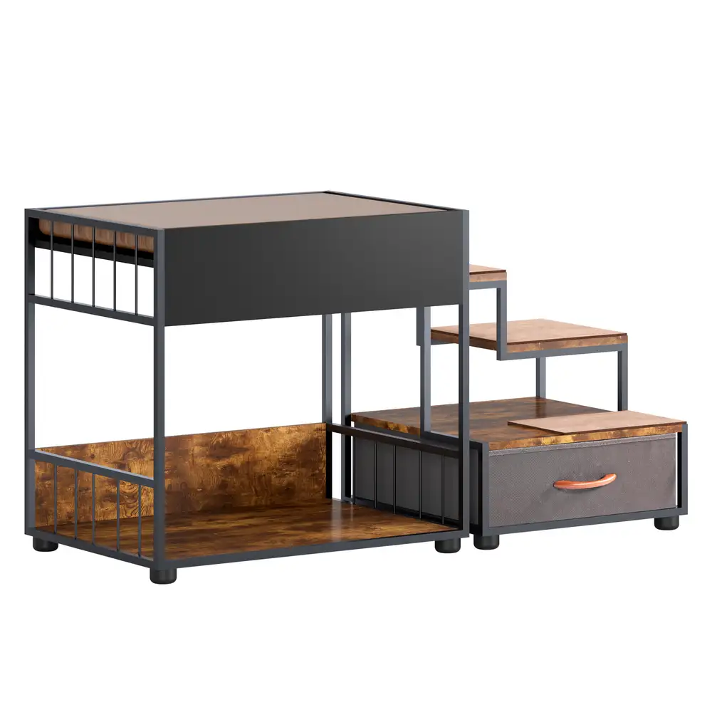 Vintage black multi-level step platform with three carpeted steps, an open lower shelf, and a pull-out drawer