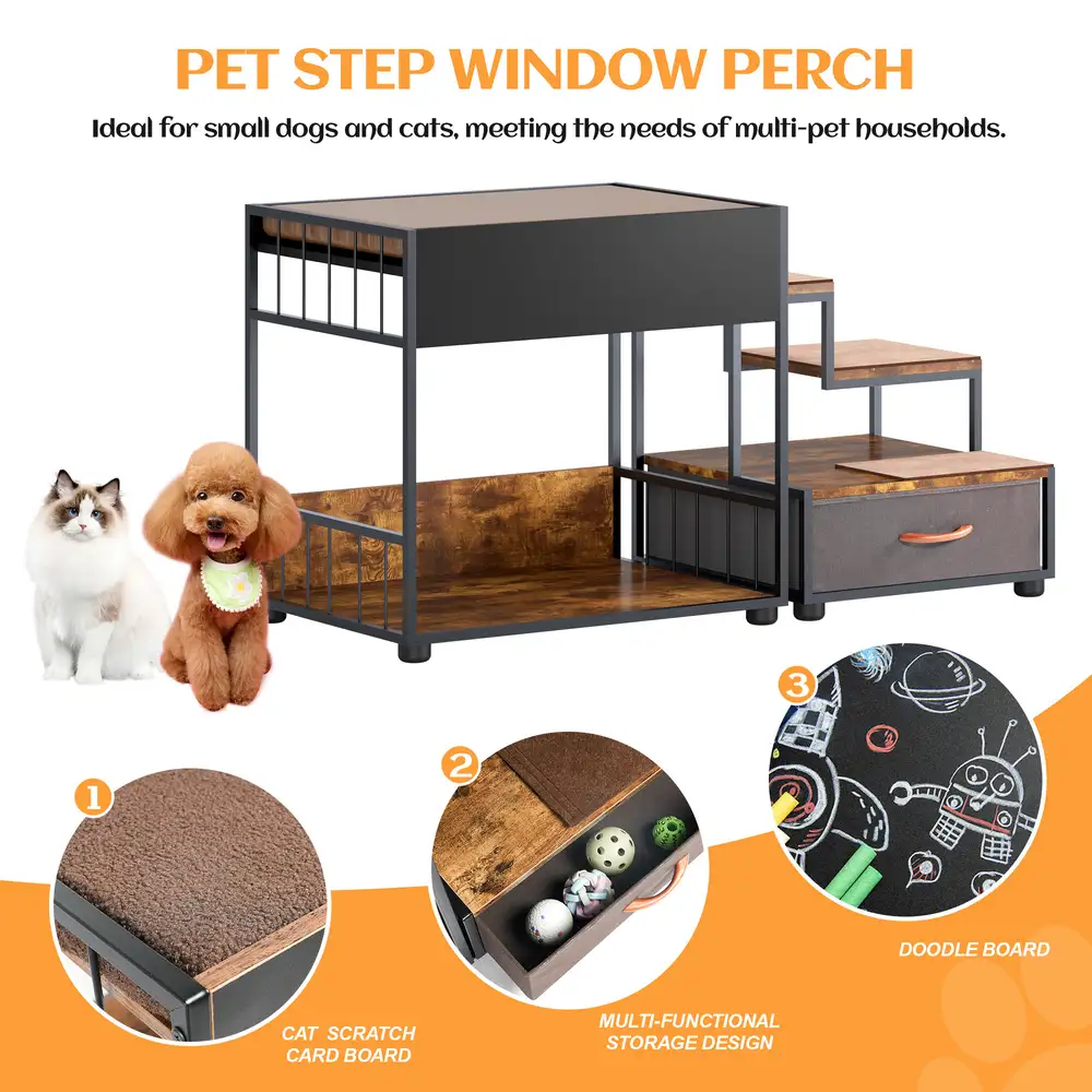 Step platform with a scratch pad, toy drawer, and chalkboard panel, shown with a cat and a small dog nearby