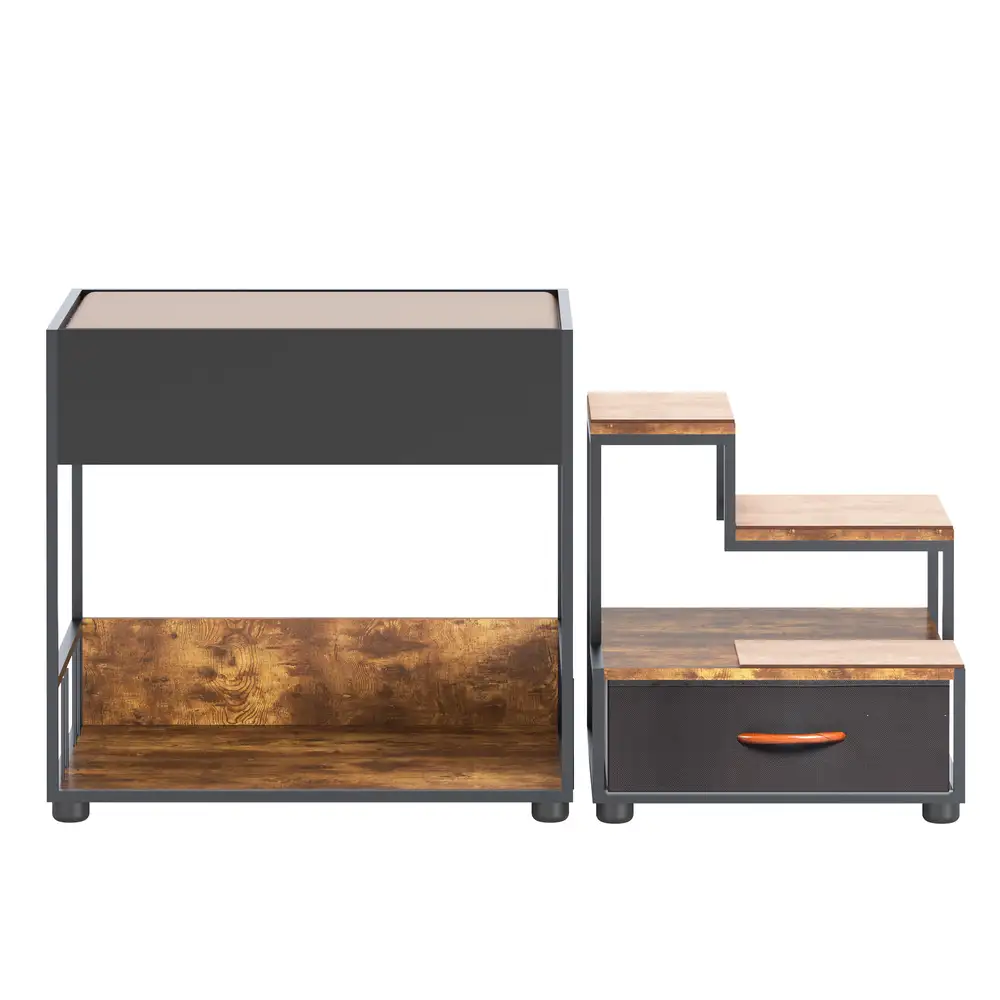 Front-right view of the black pet window perch with a cushioned top bunk, stepped shelves, and a fabric drawer