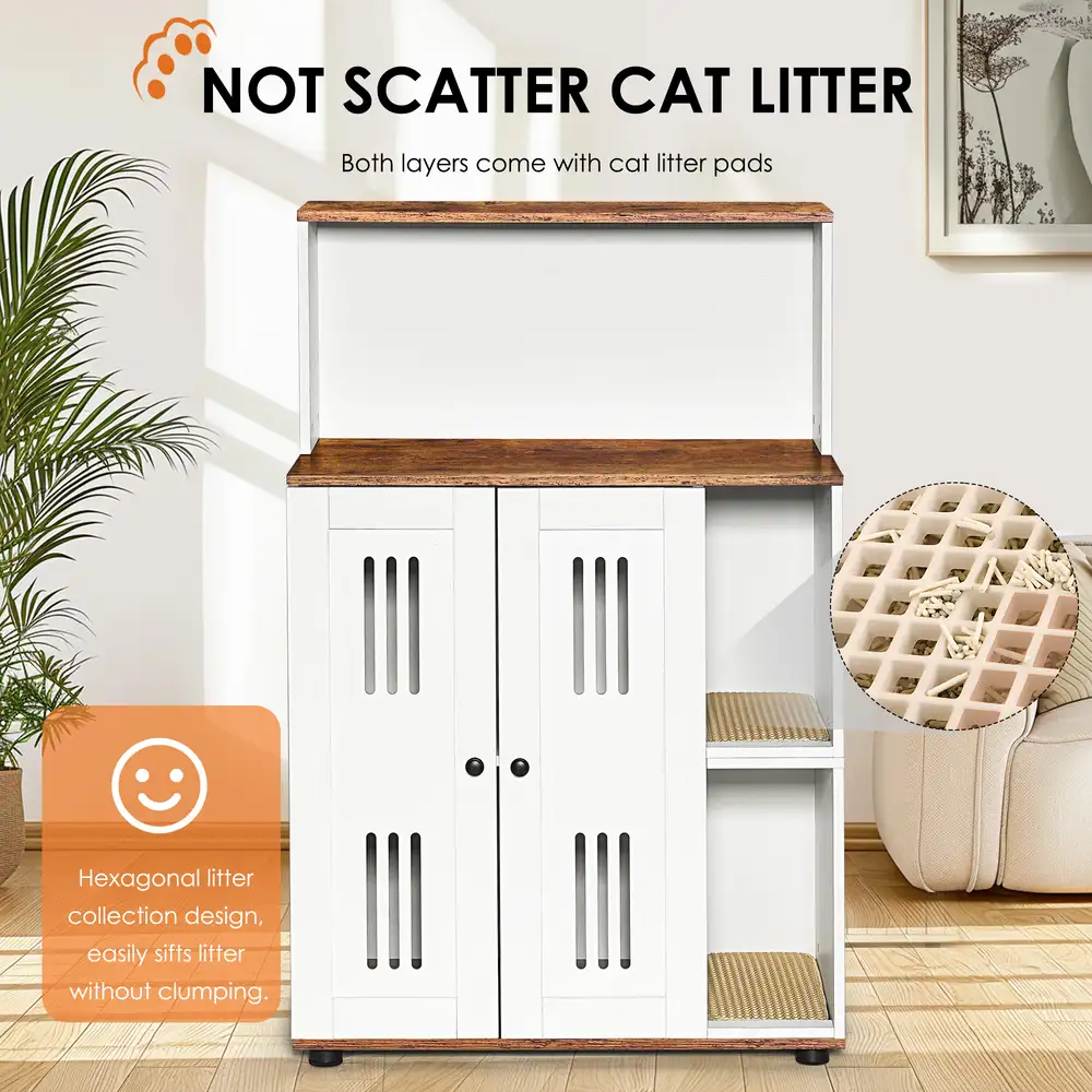 White walnut cat litter box furniture hidden in a living room