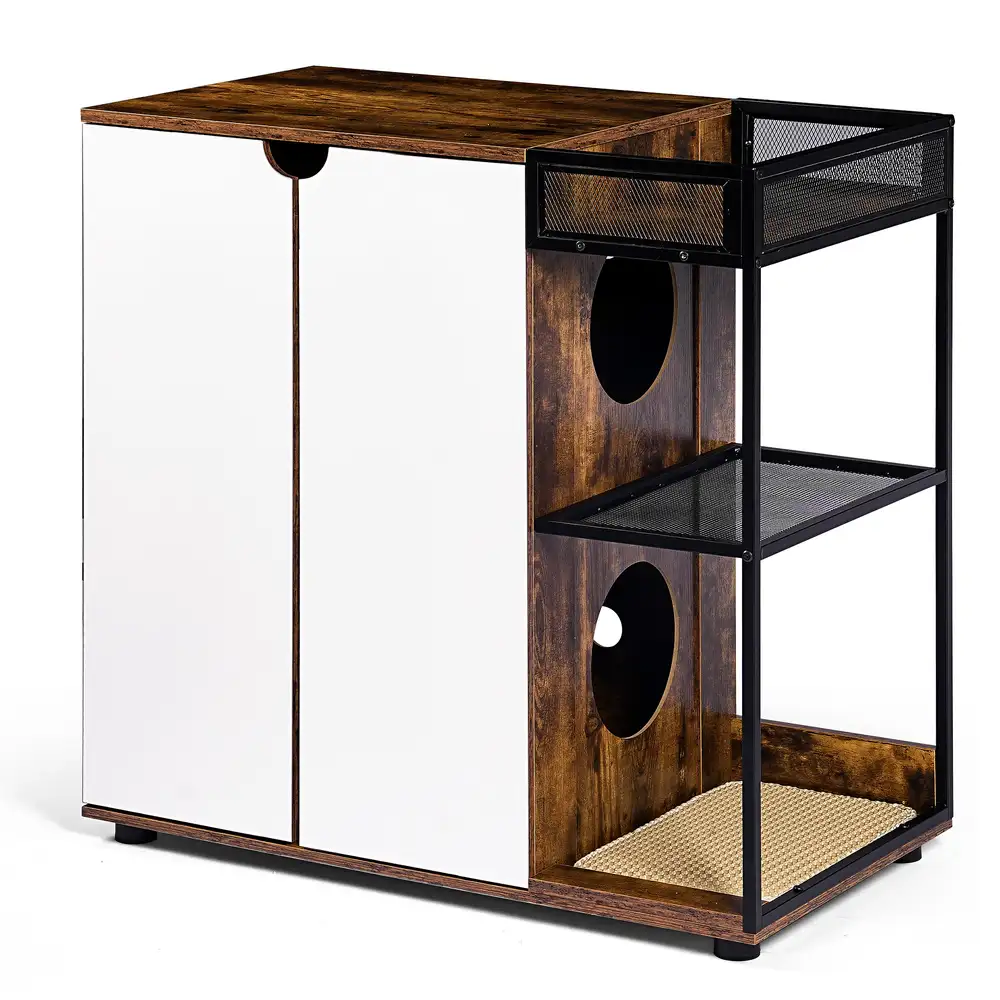 Angled view of the double-door cabinet with open side shelving