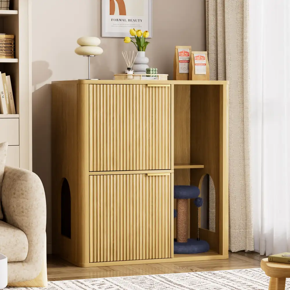 Cat litter box furniture in natural oak finish with closed doors in a bright living room