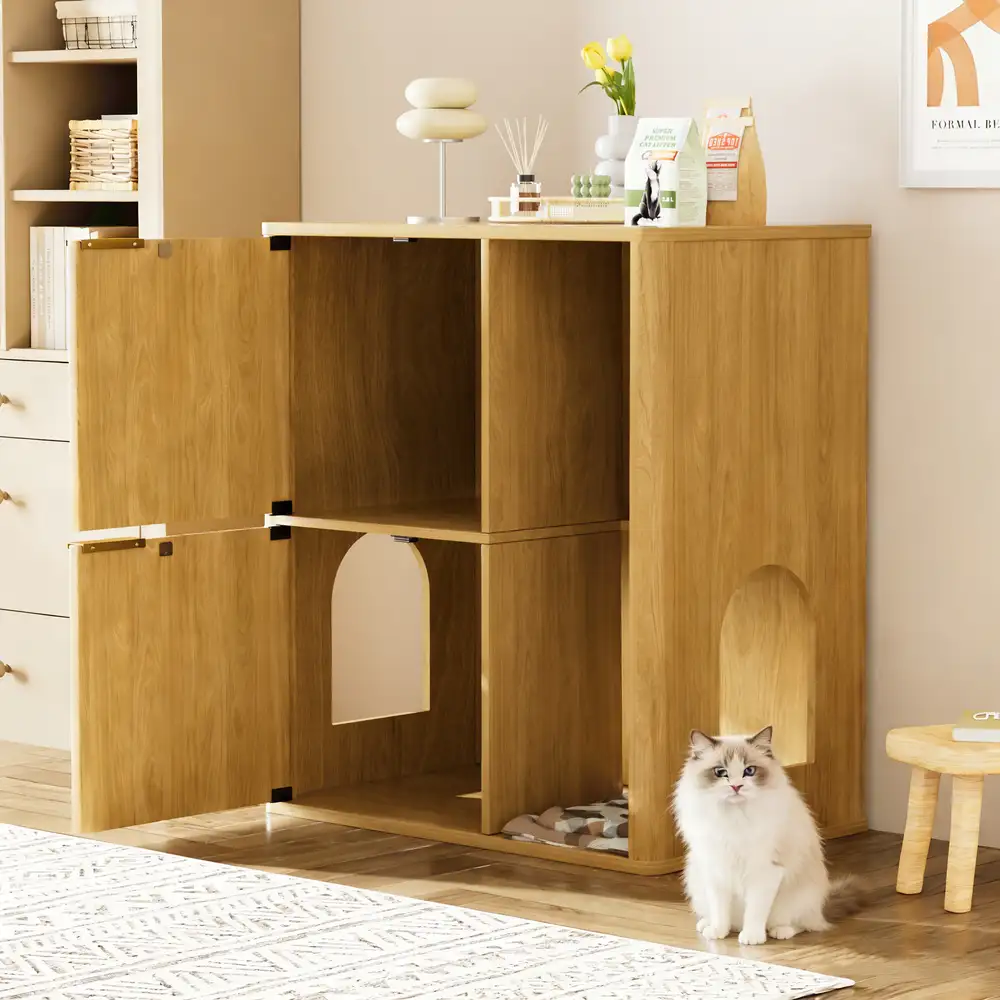Cat litter box cabinet with both doors open showing empty interior compartments