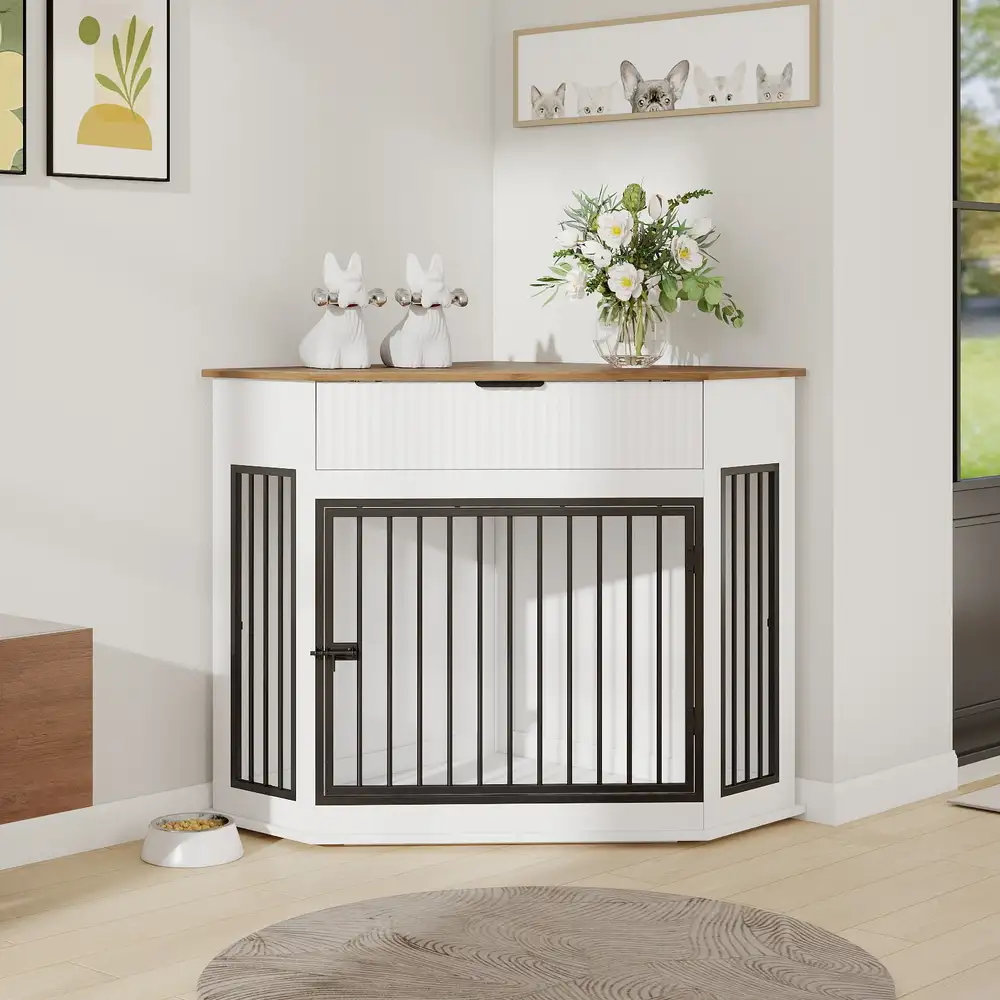 White corner dog crate styled with decor and flowers in modern living room