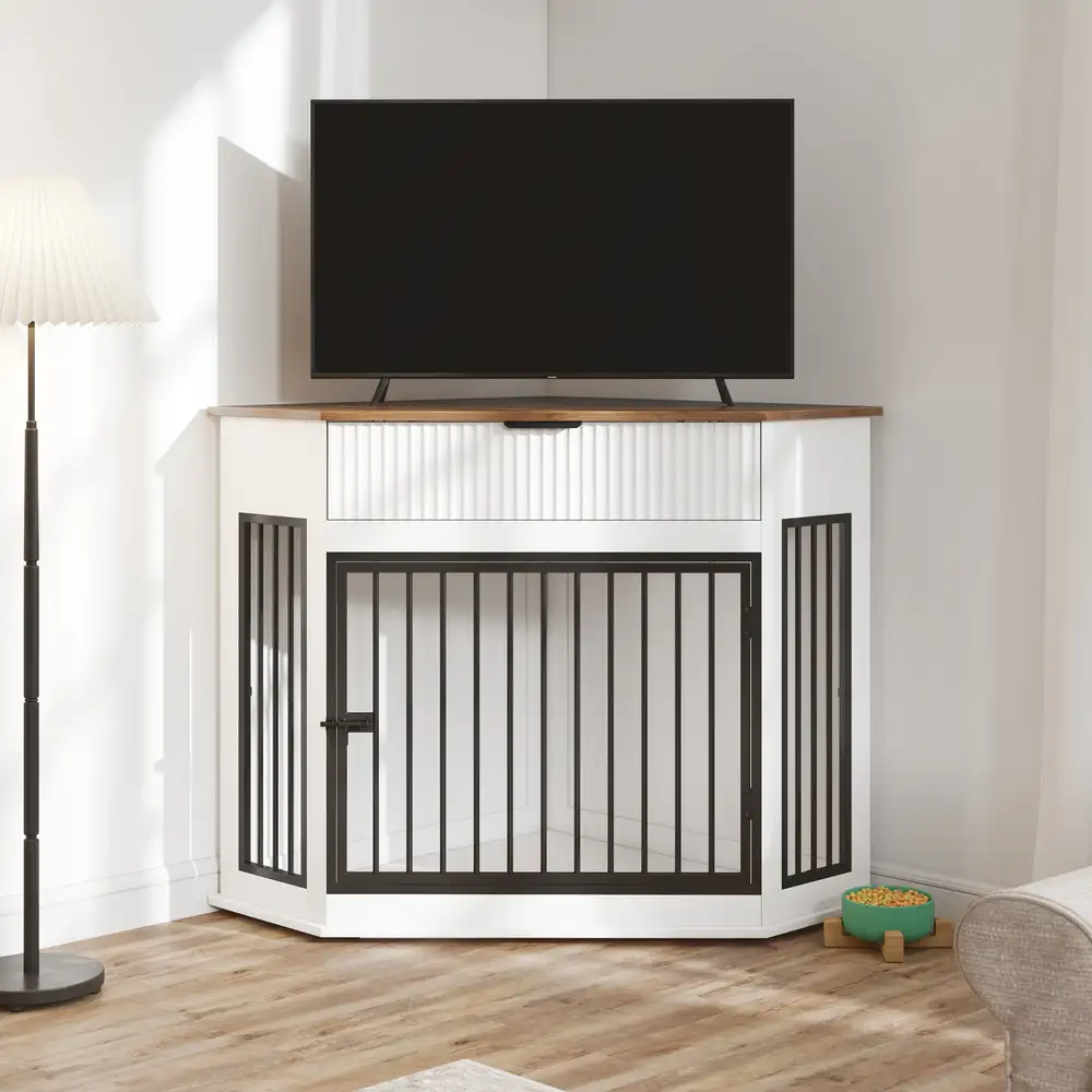 Dog crate end table used as a TV stand with flat screen television on top