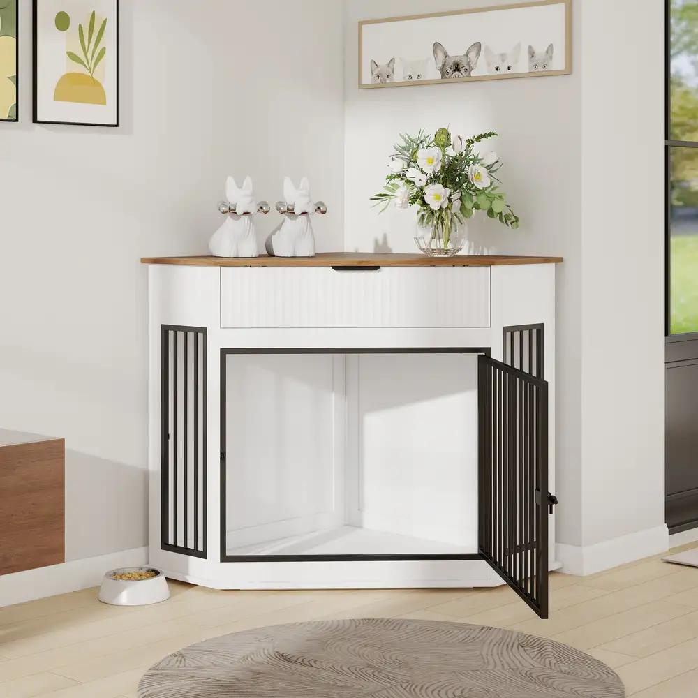 Open corner dog crate showing interior space in bright room