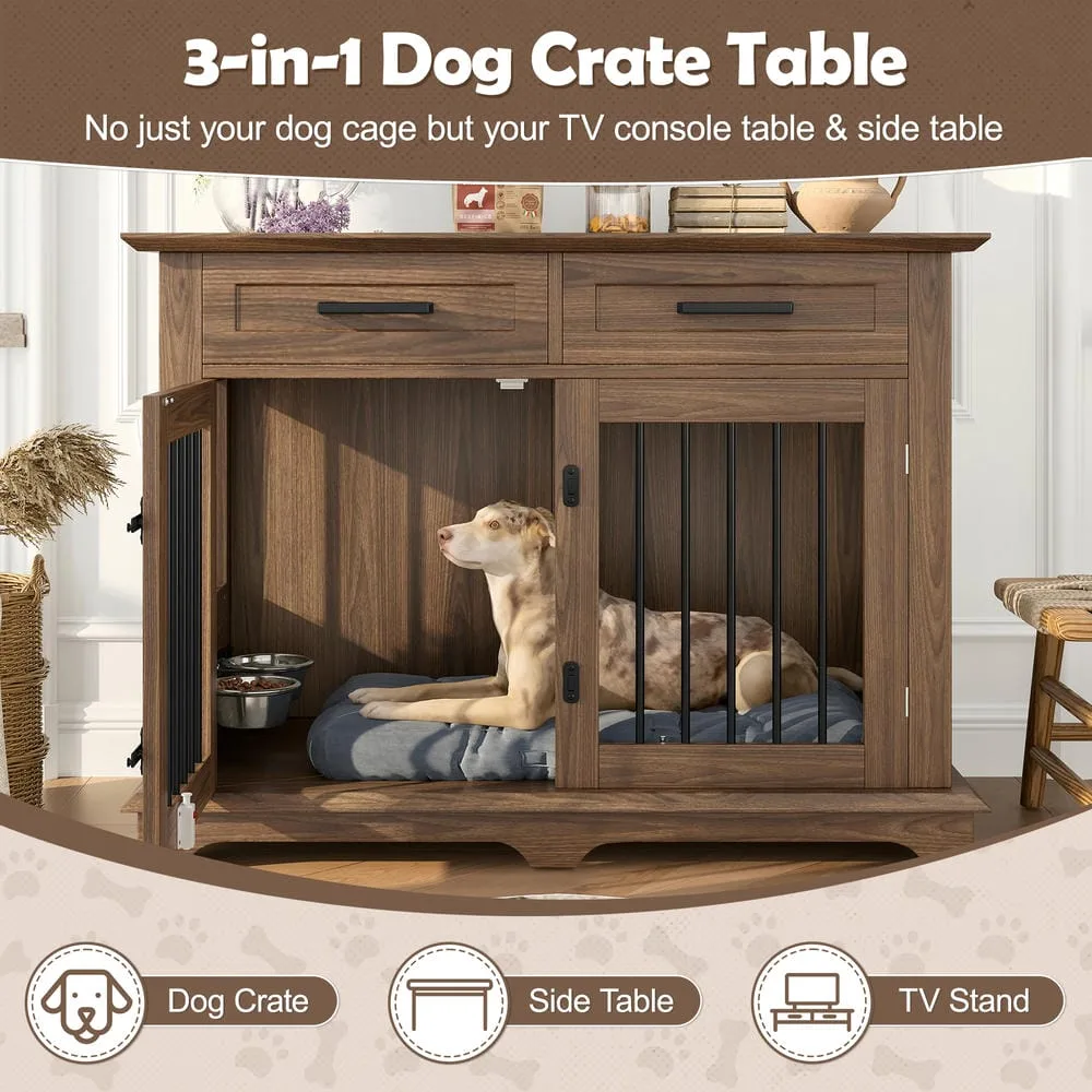 Large dog crate end table with feeding bowls and a cushion, viewed from the front