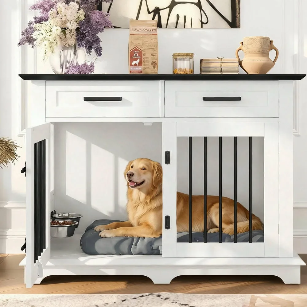 Dog crate furniture in a wood finish with an open drawer and a water bowl station