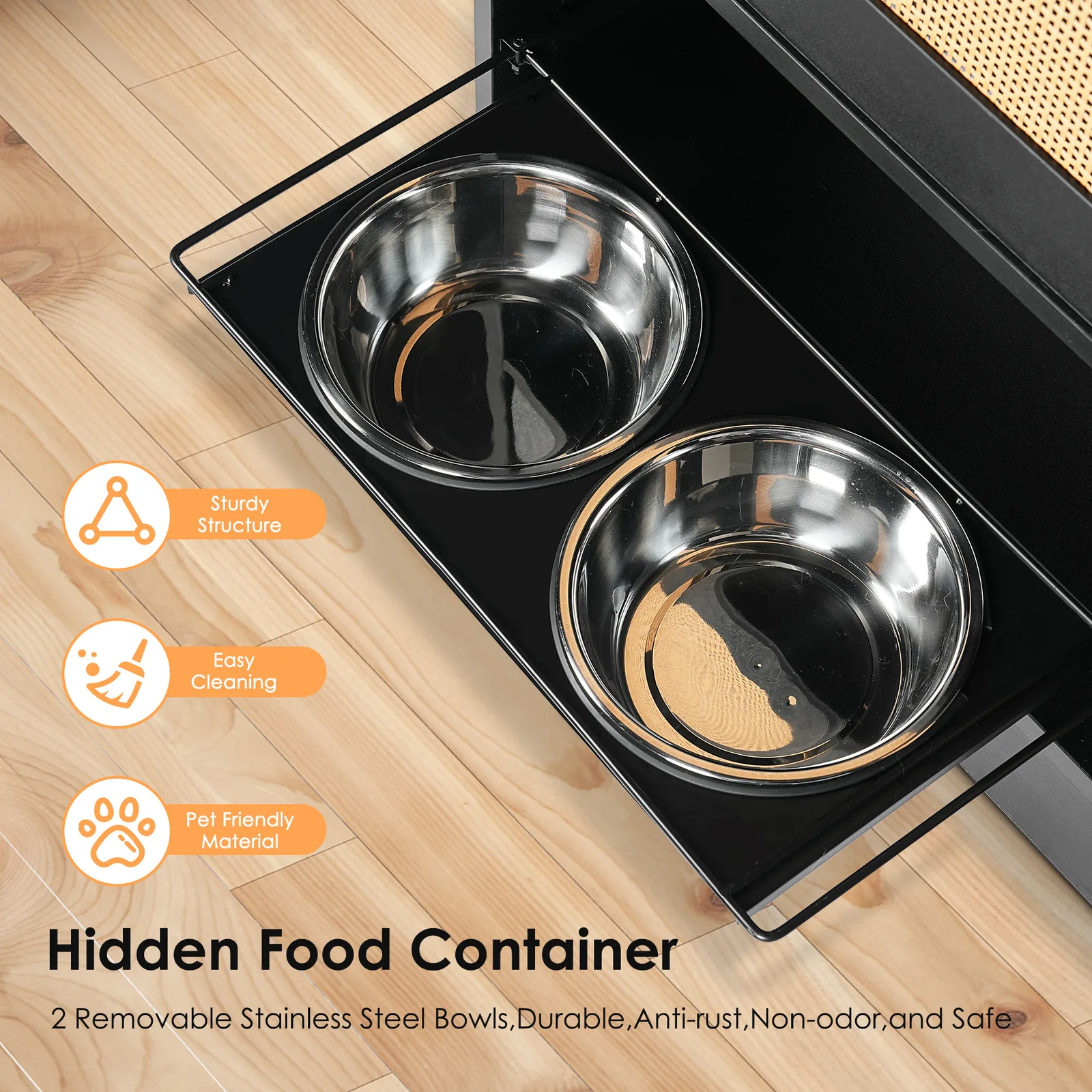 pull-out drawer with two steel bowls ready to rinse at the sink