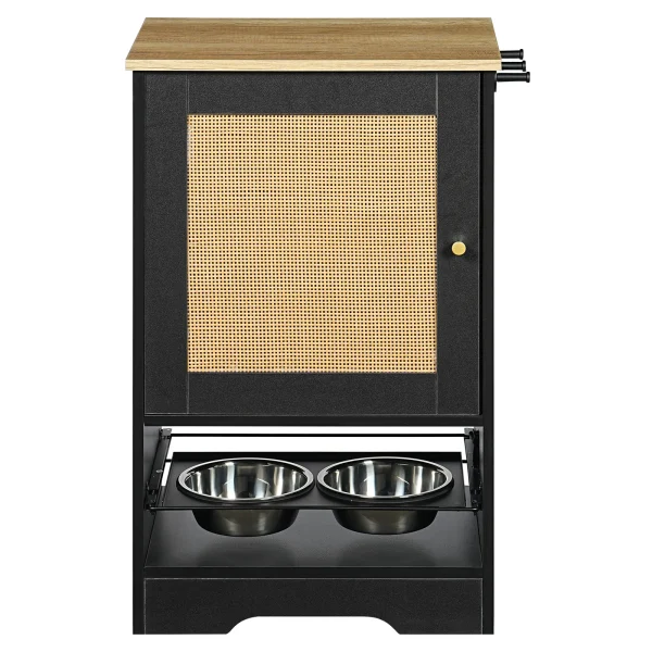 hidden pet feeder in black and vintage, front view with bowls out