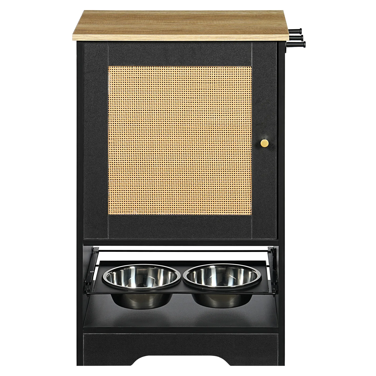 hidden pet feeder in black and vintage, front view with bowls out