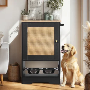 hidden pet feeder with a golden retriever beside the bowl drawer