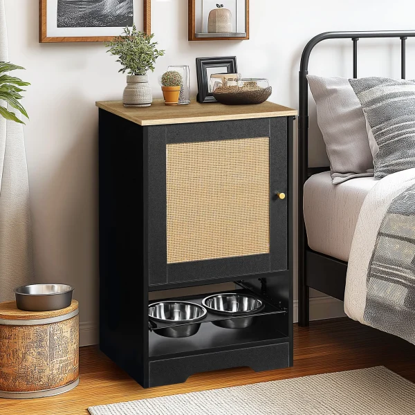 hidden pet feeder styled as a nightstand in a bedroom with a cat eating