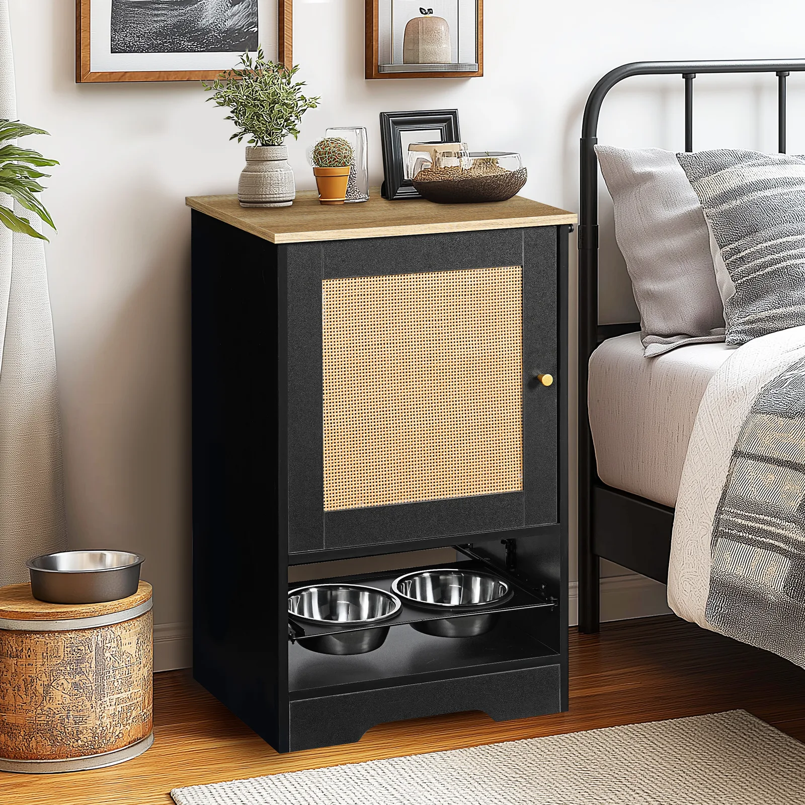 hidden pet feeder styled as a nightstand in a bedroom with a cat eating