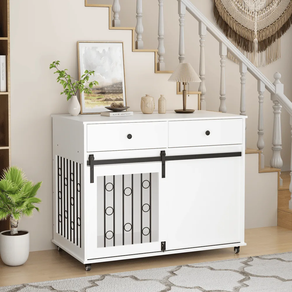 Wood dog crate end table with the sliding door open, a soft dog bed inside
